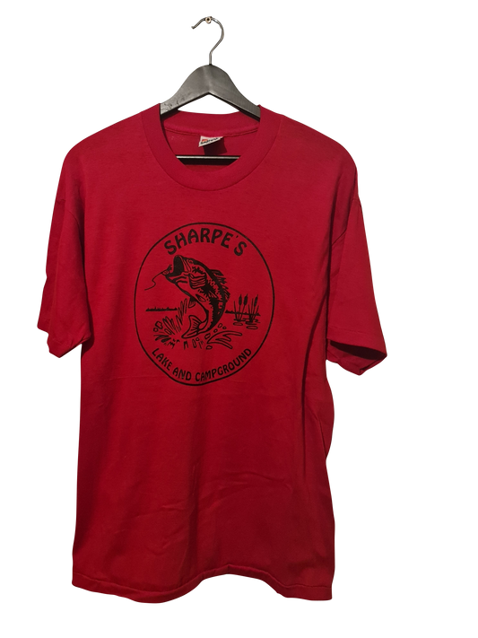 90s Signal Vintage T-Shirt "Sharpe's Lake &amp; Campground" – Rot | XL