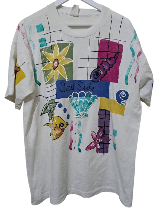 80s India Ink Paintworks – Handbemaltes Vintage-Shirt | Weiß | One Size (ca. XL)